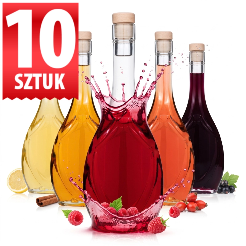 Pakiet 10 butelek szklanych Icona 500 ml oznaczony plakietką 10, kilka sztuk z nalewkami w barwach czerwieni, złota i cytryny