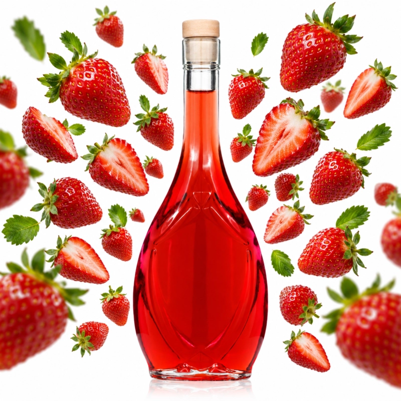Szklana butelka Icona 500 ml z czerwoną nalewką wśród rozsypanych jagód i płatków kwiatów, elegancka flaszka na likiery
