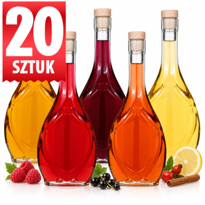 Opakowanie zbiorcze 20 butelek szklanych Icona 500 ml z plakietką 20, kilka sztuk z czerwoną, złotą i żółtą nalewką