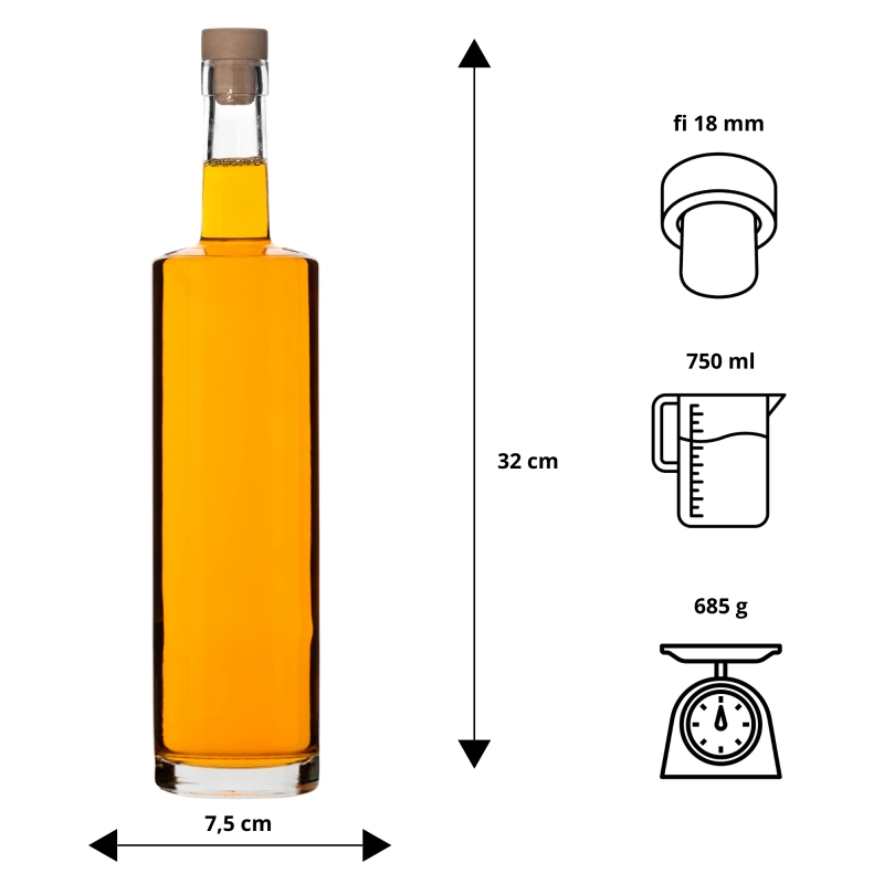 Wymiary szklanej butelki Kolumna 750 ml: wysokość 32 cm, szyjka fi 18 mm, waga 685 g, tablica oznaczeń