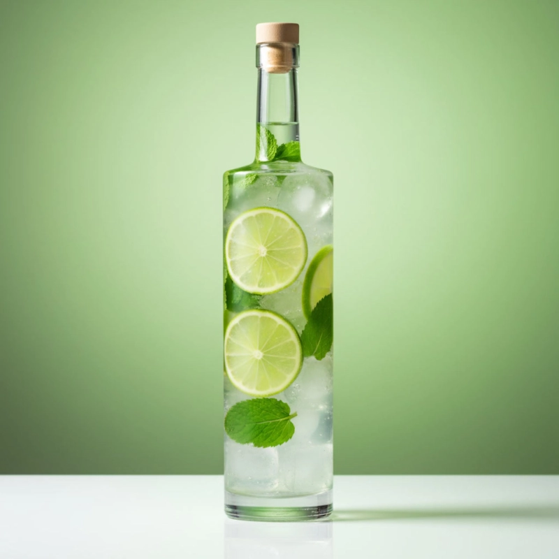 Szklana butelka Kolumna 750 ml z zielonym likierem ziołowym na tle liści, butelka prezentowa z korkiem