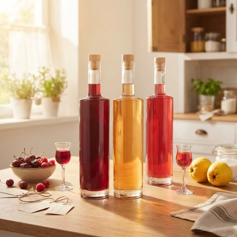 Szklana butelka Kolumna 750 ml z czerwoną nalewką owocową i świeżymi owocami w kuchennej aranżacji