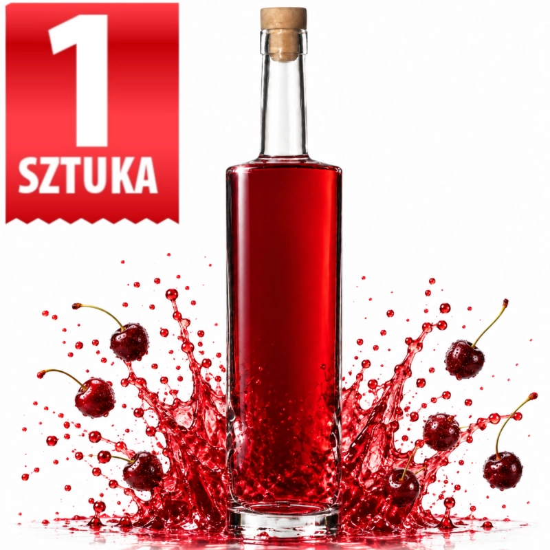 Szklana butelka Kolumna 750 ml z grubym dnem wypełniona czerwoną nalewką, wariant 1 sztuka, białe tło