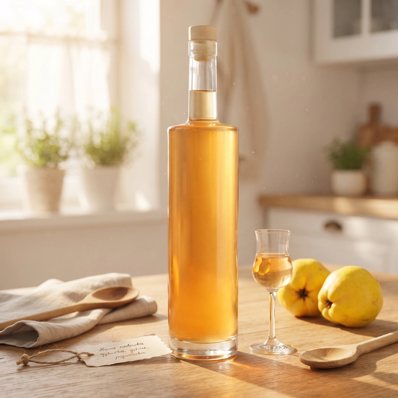 Butelka szklana 750 ml jako karafka do nalewki cytrynowej, obok cytryny na drewnianym stole w kuchni