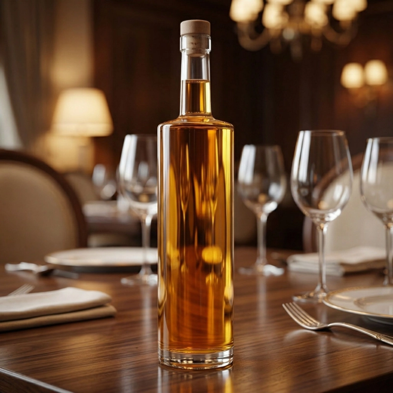 Butelka szklana 0,75 l z nalewką na barowym blacie w ciemnym wnętrzu, kieliszki i świece, nastrój restauracyjny