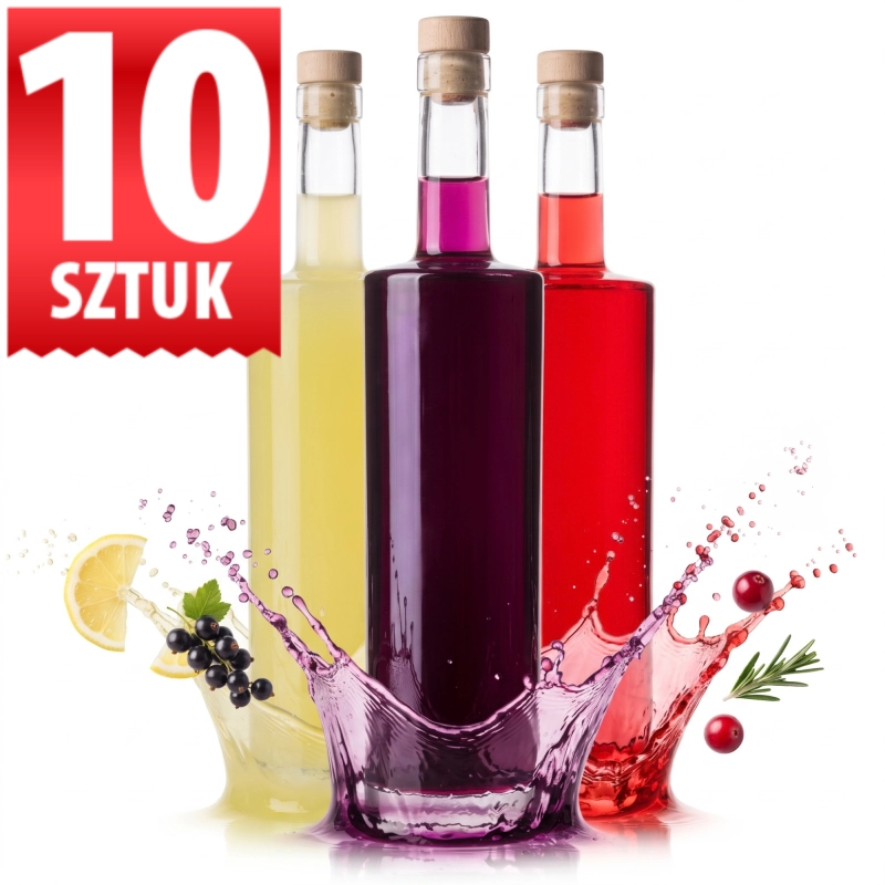 Zestaw 10 butelek szklanych Kolumna 750 ml z grubym dnem, trzy flaszki z kolorowymi nalewkami, oznaczenie 10 sztuk