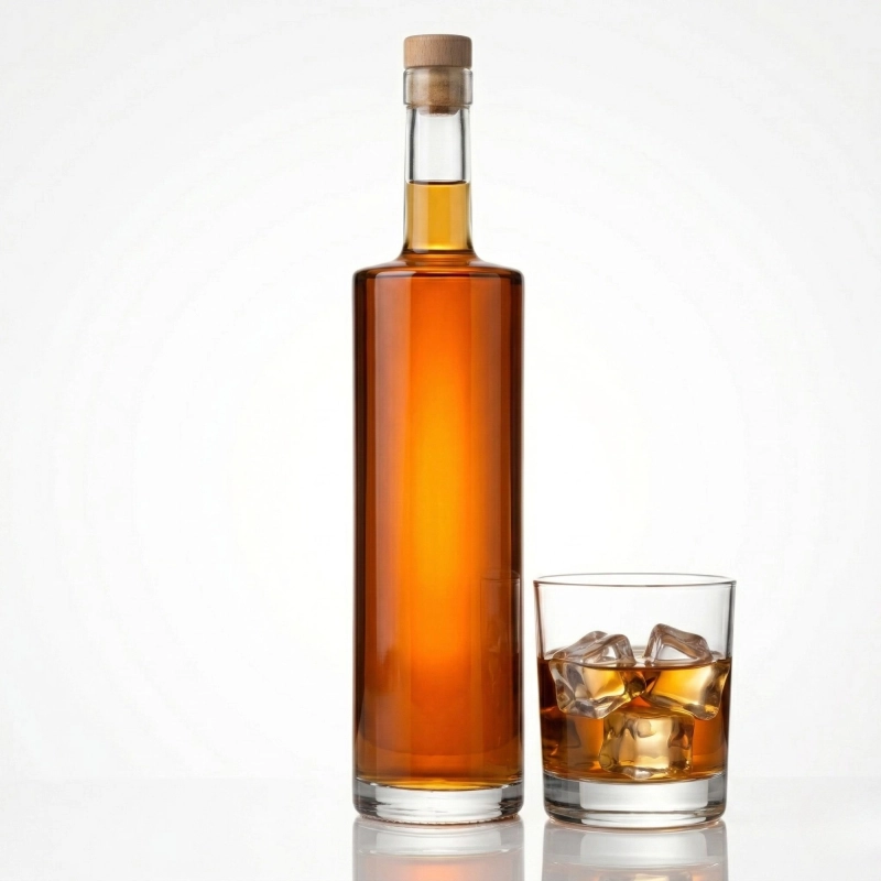 Butelka szklana 0,75 l z grubym dnem napełniona bursztynową whisky, obok szklanka z lodem, jasne tło