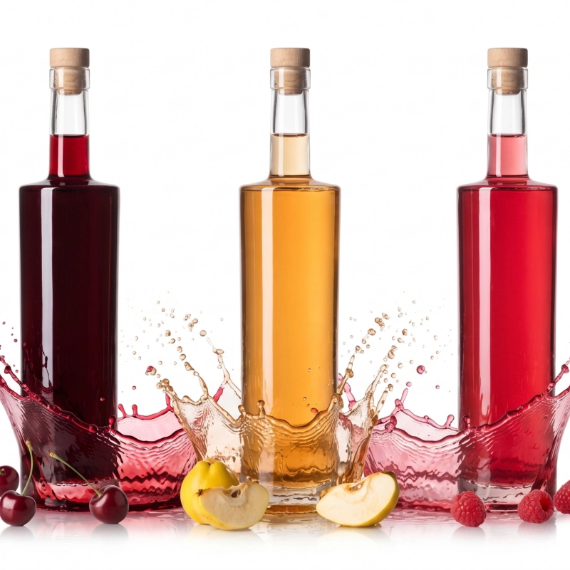 Trzy szklane butelki Kolumna 0,75 l z ciemną, bursztynową i malinową nalewką, owocowy rozprysk, zakup hurtowy