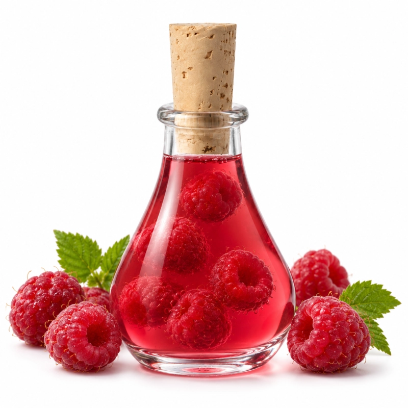 Szklana mini butelka Tina 50 ml z czerwoną nalewką malinową, wokół świeże maliny, korek z naturalnego korka