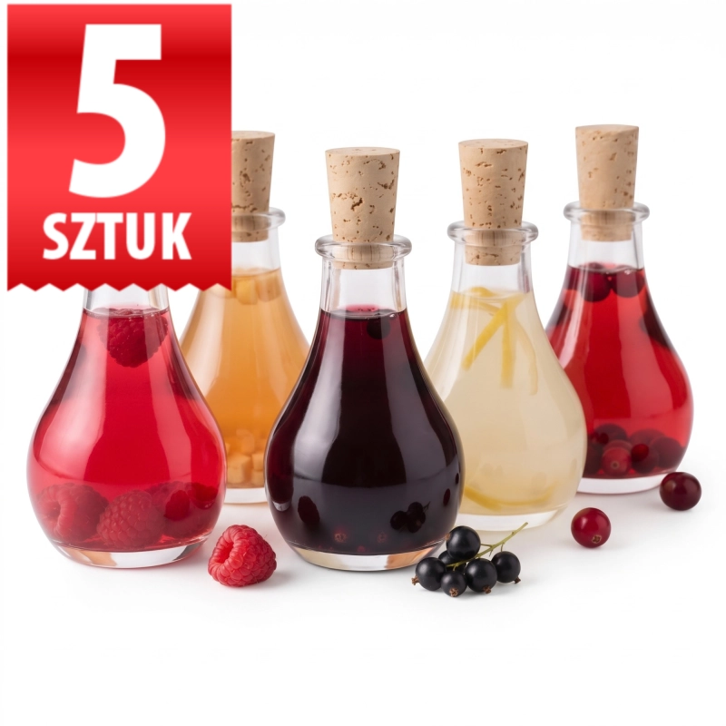 Zestaw 5 szklanych butelek Tina 50 ml z korkami naturalnymi, pięć nalewek w różnych kolorach, oznaczenie 5 sztuk