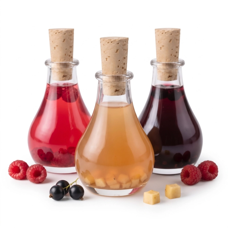 Trzy szklane mini butelki Tina 50 ml z czerwoną, różową i bursztynową nalewką, owoce przy podstawie, białe tło