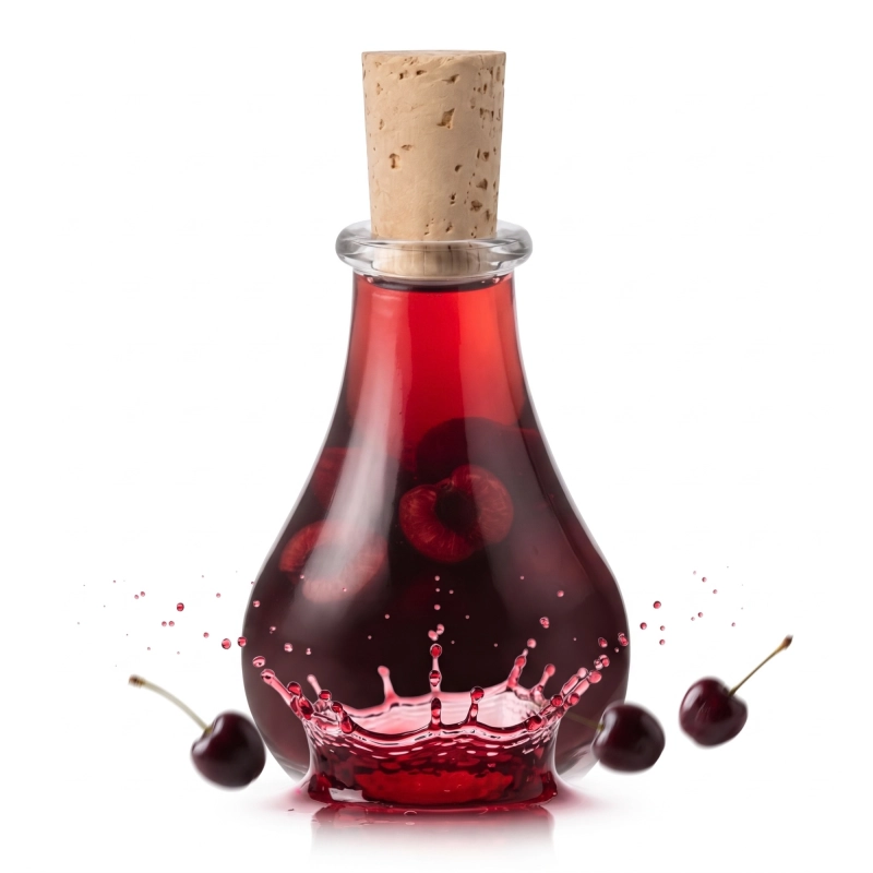 Szklana butelka Tina 50 ml z ciemnoczerwoną nalewką z aronii, owoce rozsypane przy dnie, korek naturalny
