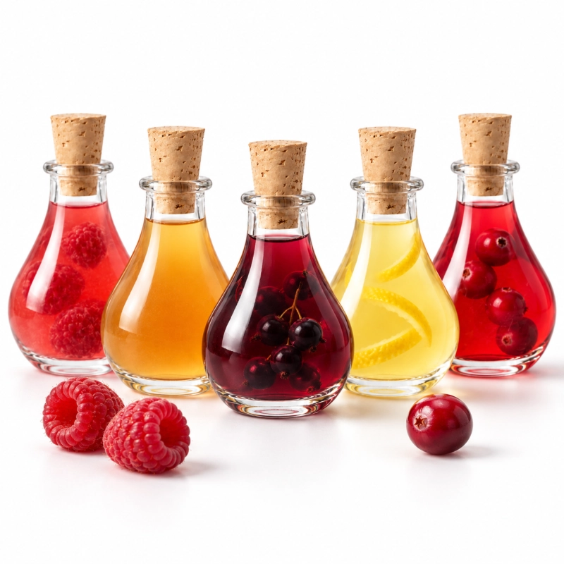 Pakiet mini karafek szklanych Tina 50 ml z czerwonymi i pomarańczowymi nalewkami, wśród owoców, na podziękowania