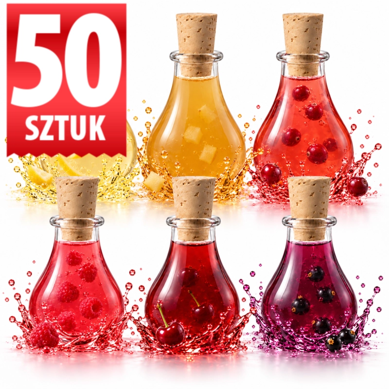 Karton hurtowy 50 szklanych butelek Tina 50 ml, dwa rzędy buteleczek z nalewkami i korkami, oznaczenie 50 sztuk