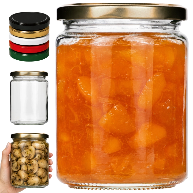 Słoiki szklane Simple 540 ml z owocami w syropie i przyprawami, zakrętki fi 82 do mieszania kolorów w komplecie