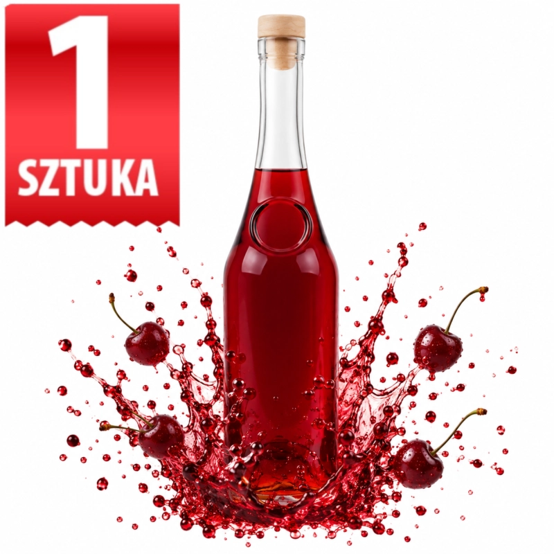 Szklana butelka Raj 500 ml z korkiem grzybkiem fi 19 na czerwonym tle, pojedyncza sztuka do nalewek