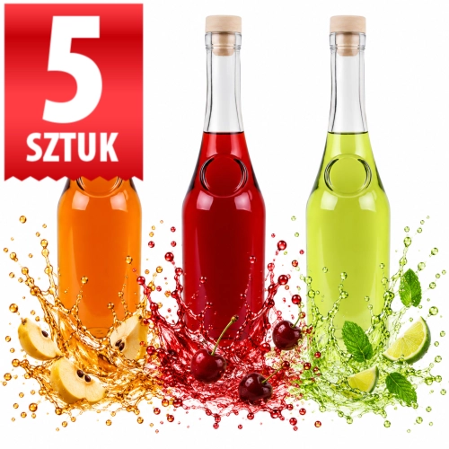 Zestaw 5 szt butelek ozdobnych szklanych na nalewki likiery Raj 500 ml korek fi 19 
