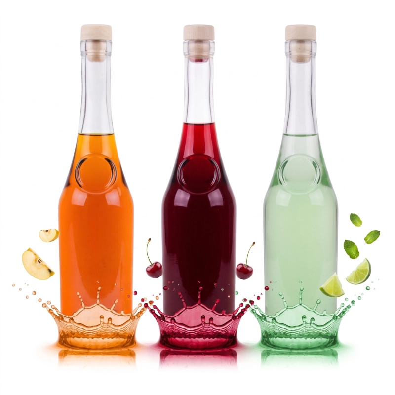 Pakiet 5 butelek szklanych Raj 500 ml, w każdej inna owocowa nalewka, korki grzybki fi 19, jasne tło