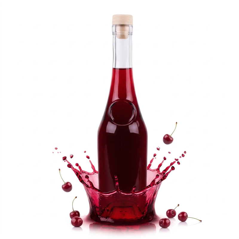 Butelka Raj z grubego szkła 500 ml na tle rozbryzgu czerwonego płynu, korek grzybek syntetyczny fi 19