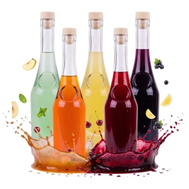 Komplet 10 butelek szklanych Raj 500 ml z nalewkami w różnych kolorach ustawionych w grupie, korki grzybki
