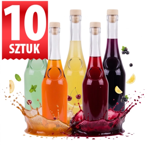 Zestaw 10 szt butelek ozdobnych szklanych na nalewki likiery Raj 500 ml korek fi 19 