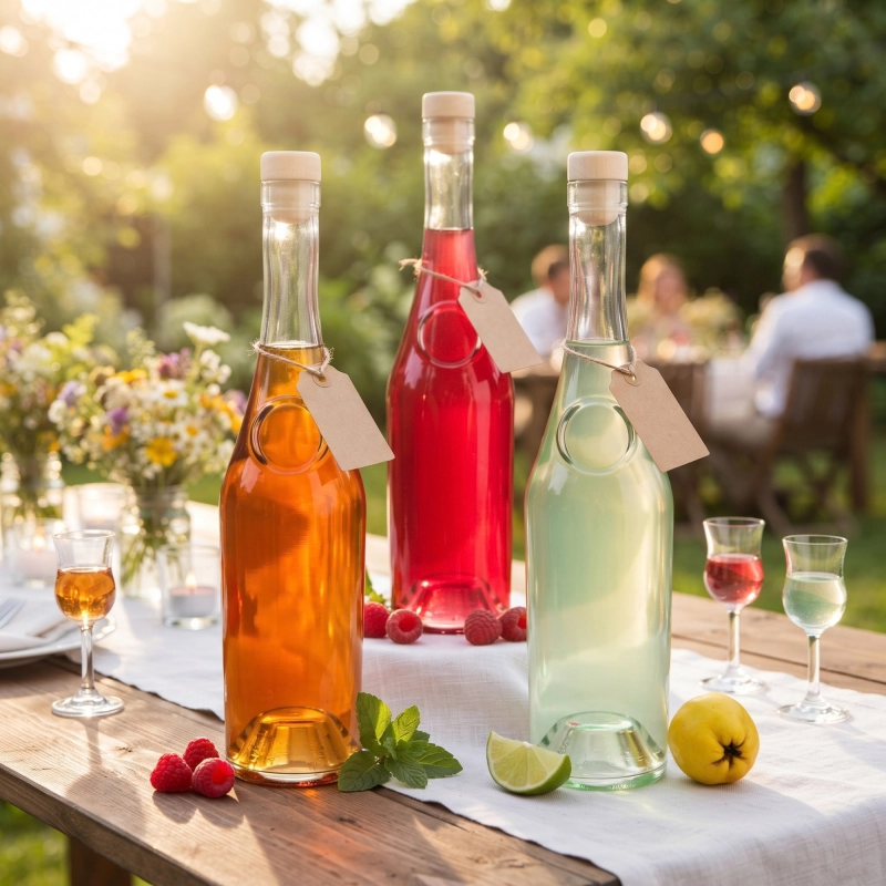 Dziesięć smukłych butelek Raj 500 ml ze szkła z kolorowymi nalewkami w ogrodzie, łącznie 5 litrów pojemności
