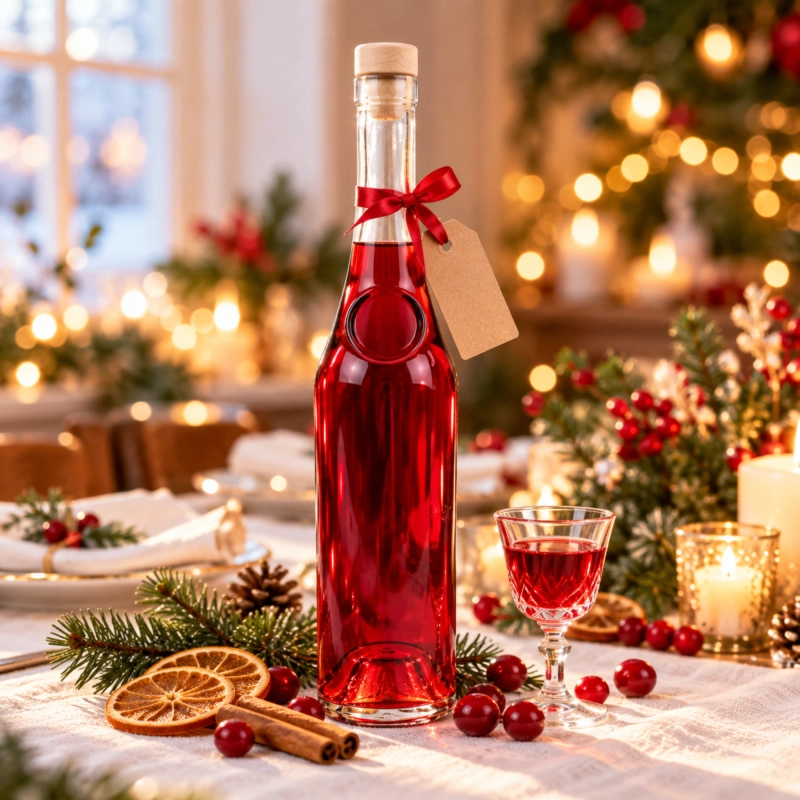 Butelka Raj 500 ml ze szkła z rubinową nalewką w świątecznej aranżacji, syntetyczny korek grzybek, prezent