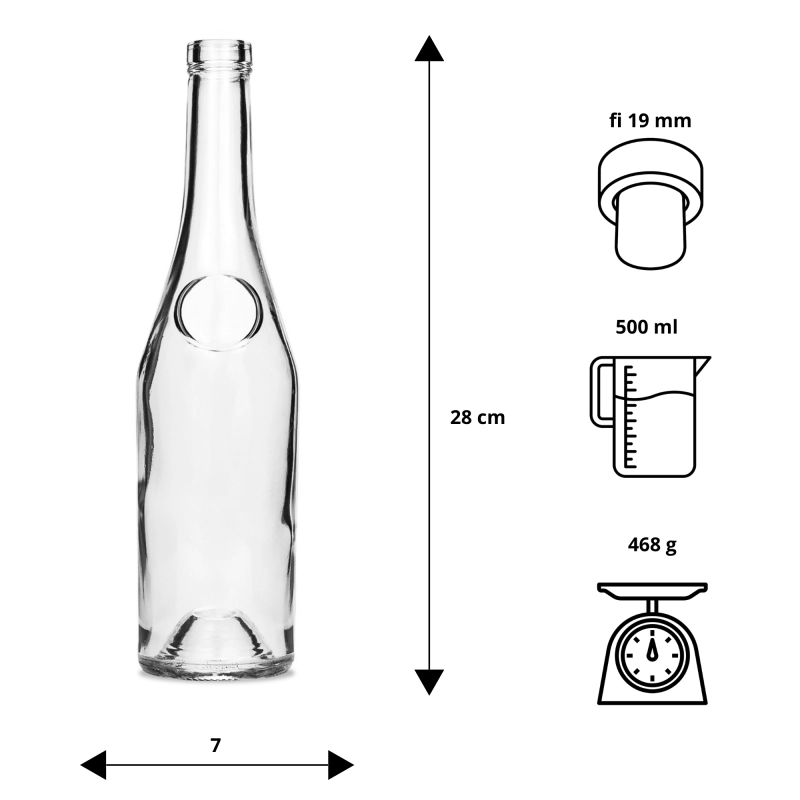 Wymiarowanie butelki Raj 500 ml ze szkła: 28 cm wysokości i 7 cm średnicy, wylot szyjki na korek grzybek fi 19