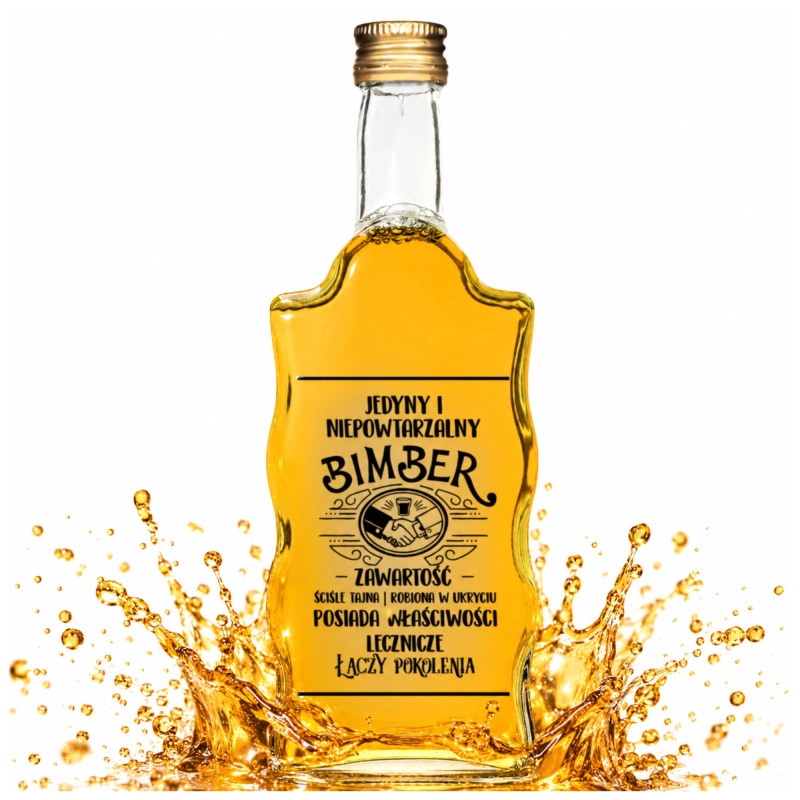 Falowana butelka Warta 500 ml z nadrukiem Jedyny i Niepowtarzalny Bimber wypełniona złocistą nalewką, front