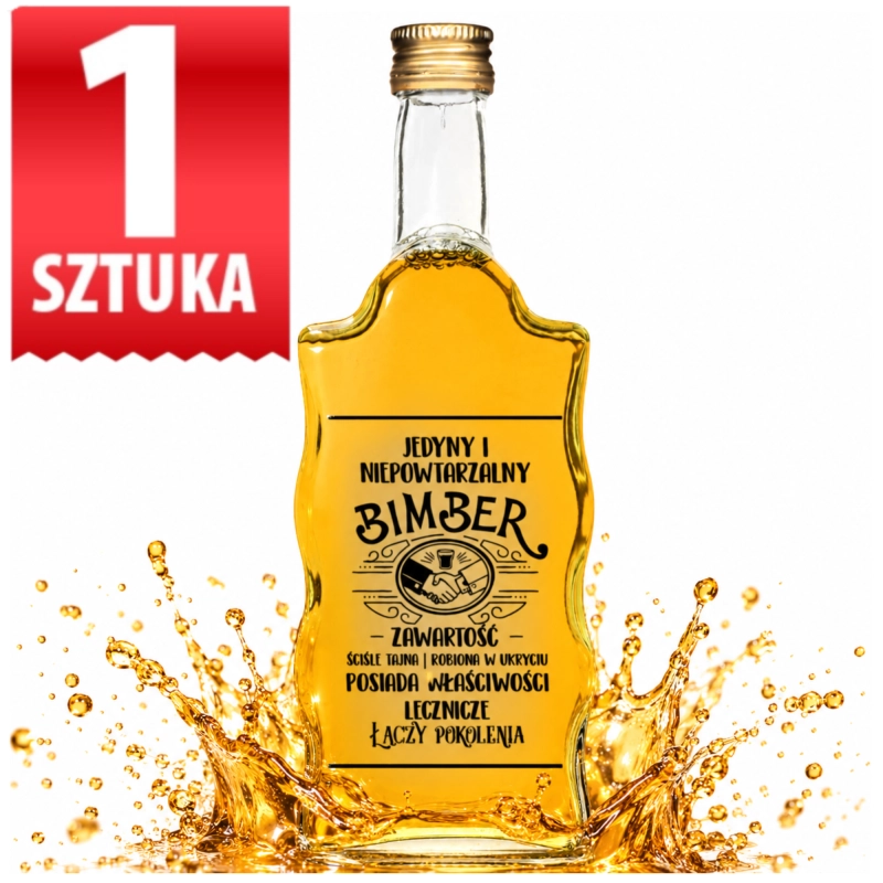 Butelka szklana Warta Fala 500 ml z czarnym nadrukiem Jedyny i Niepowtarzalny Bimber, 1 sztuka, złote tło