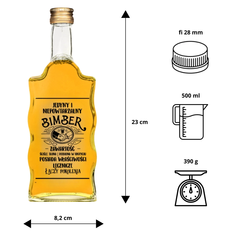 Wymiary butelki Warta Fala 500 ml ze szkła z gwintem fi 28 oraz zakrętka aluminiowa 28/18 do wyboru