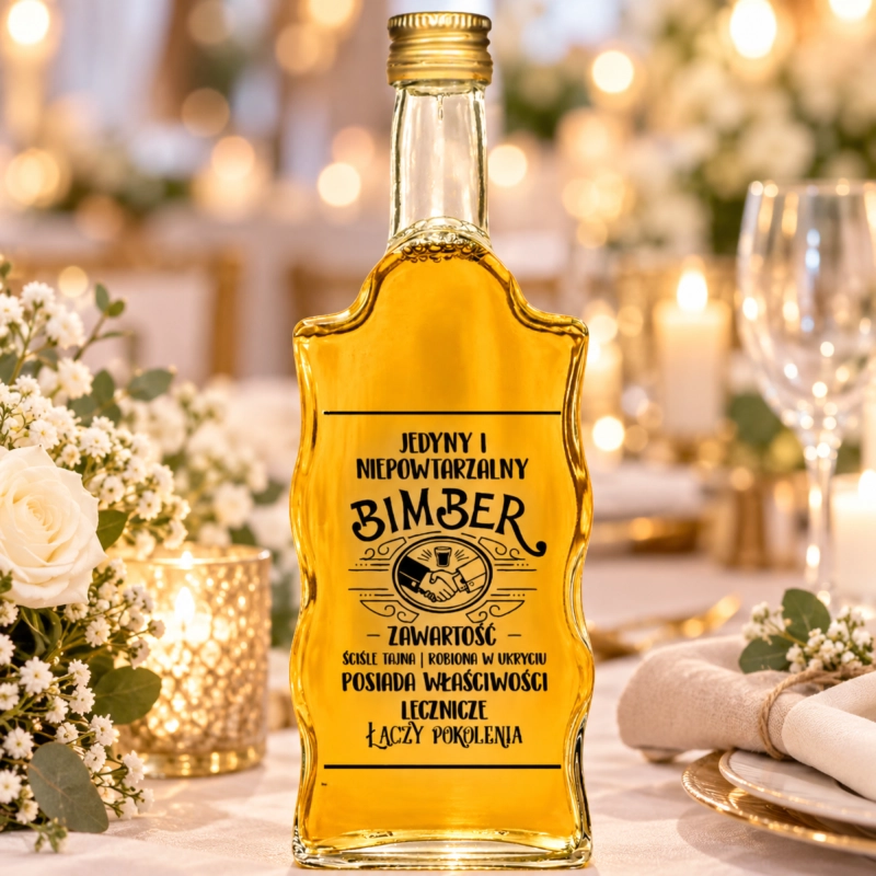 Butelka Warta Fala 500 ml ze szkła z nadrukiem Jedyny i Niepowtarzalny Bimber wśród dekoracji, na upominek