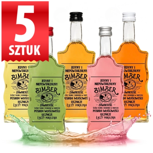 Zestaw butelek na wódkę weselną Warta Fala 500 ml nadruk weselny Jedyny i Niepowtarzalny Bimber komplet 5 sztuk  