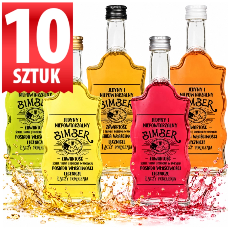 Zestaw 10 butelek Warta Fala 500 ml ze szkła z nadrukiem Jedyny i Niepowtarzalny Bimber, po jednej na stół weselny