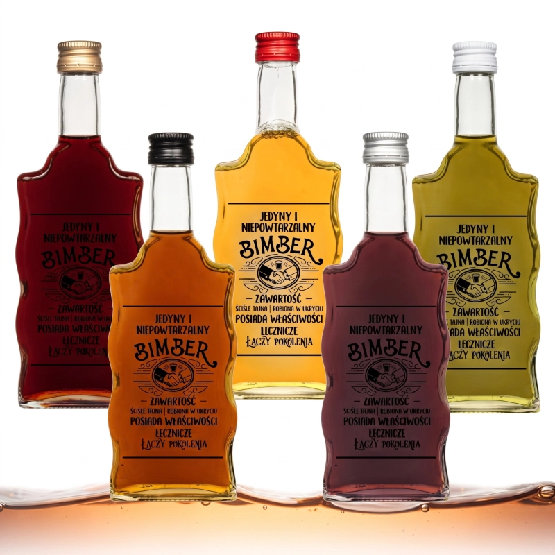 Butelki Warta Fala 500 ml ze szkła z nadrukiem Jedyny i Niepowtarzalny Bimber, nalewki w czterech barwach