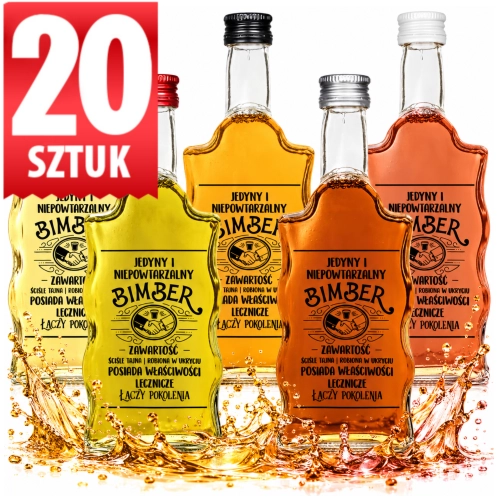 Butelki na wesele Warta Fala 500 ml z nadrukiem Jedyny i Niepowtarzalny Bimber na wódkę weselną zestaw 20 sztuk  