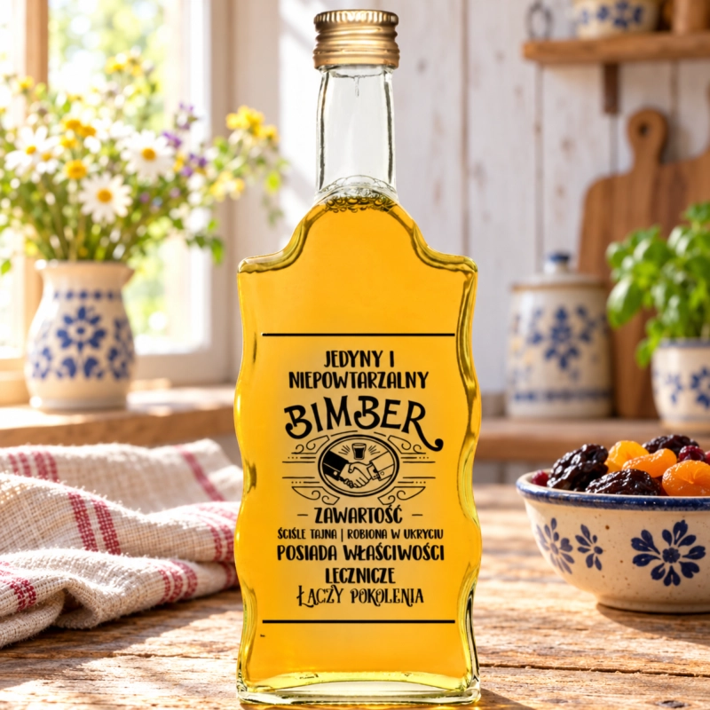 Falowana butelka Warta 500 ml z czarnym napisem Jedyny i Niepowtarzalny Bimber w kwiatowej aranżacji, szkło