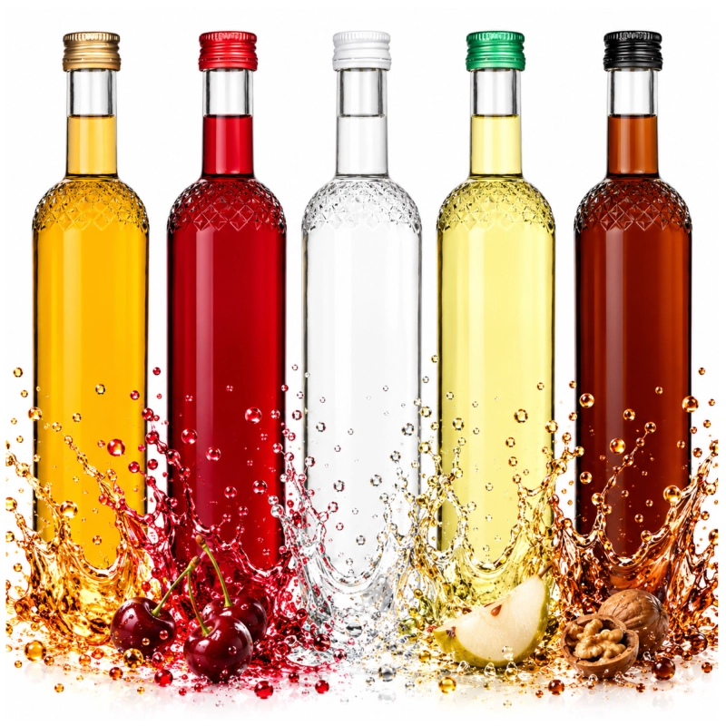 Butelki szklane Nargiz 500 ml z kolorowymi nalewkami w rzędzie nad czerwoną dekoracją, część kompletu 10 sztuk
