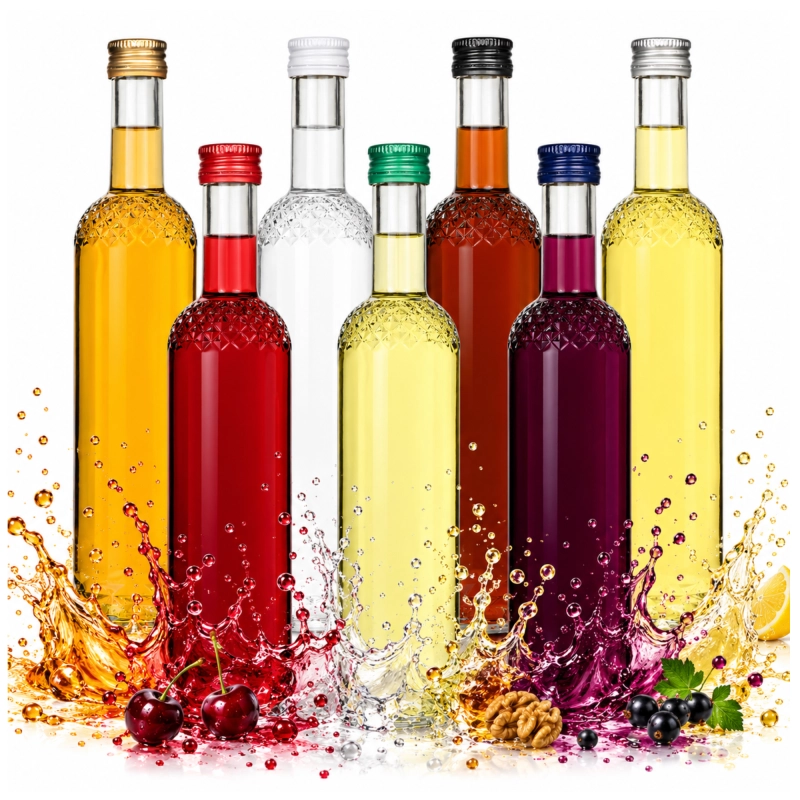 Przezroczyste szklane butelki Nargiz 500 ml z tłoczonym wzorem i złotą nakrętką do nalewek i syropów