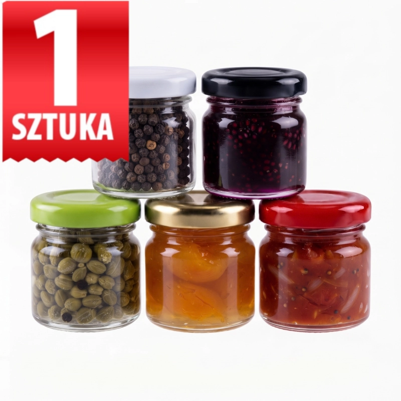 Szklane słoiczki Regalo 40 ml z wieczkami twist off w pięciu kolorach, wypełnione przyprawami i dżemem