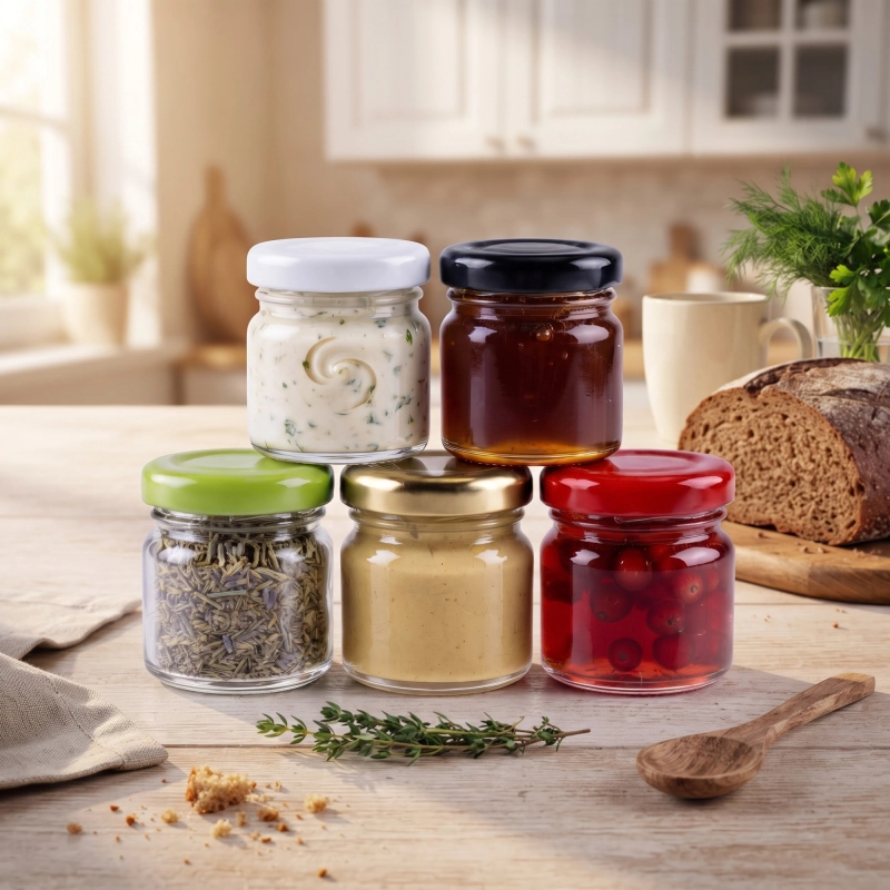 Słoiki szklane Regalo 40 ml z przetworami na kuchennej półce, zestaw na podziękowania dla gości weselnych