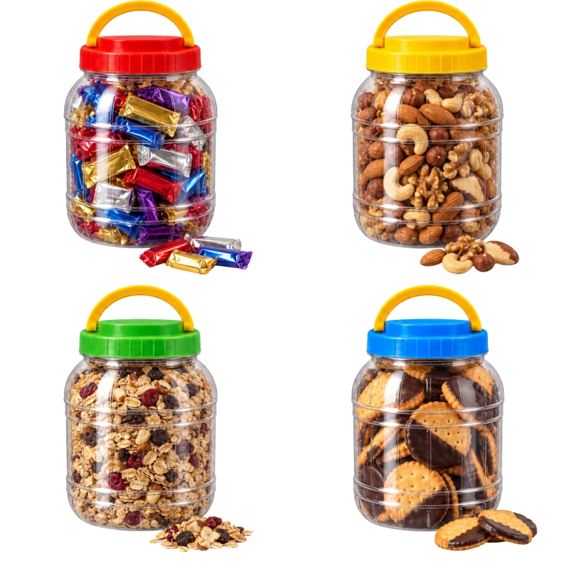 Zestaw 4 słoików plastikowych PET 1500 ml z kolorowymi zakrętkami, wypełnionych orzechami, kaszą i bakaliami