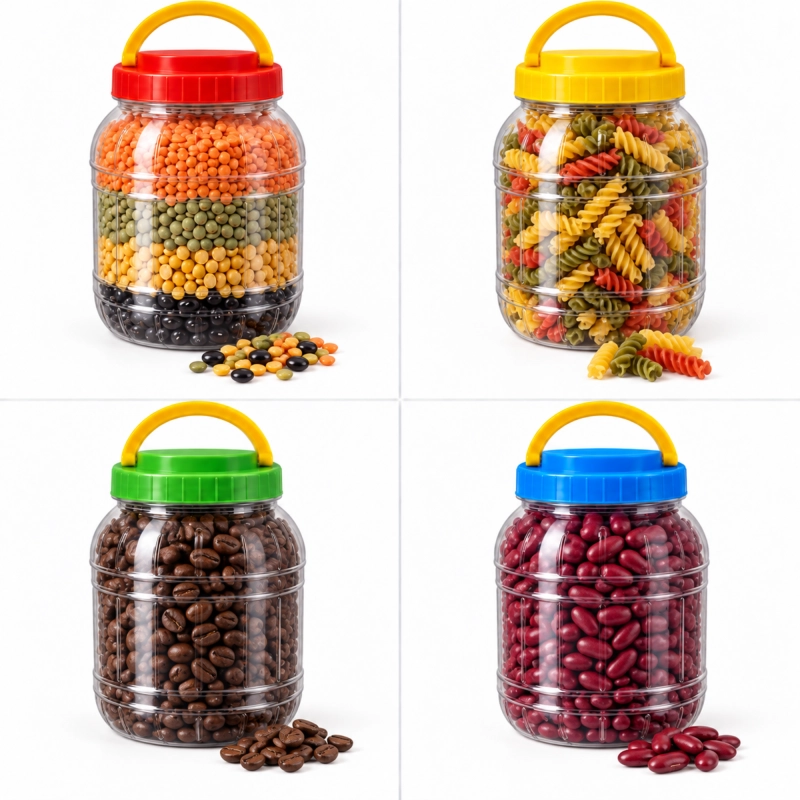 Trzy plastikowe pojemniki PET 1500 ml na żywność z czerwoną, żółtą i niebieską nakrętką, pełne produktów sypkich