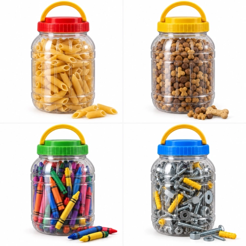 Zestaw 4 słoików PET 1,5 l Spichlerz z kolorowymi zakrętkami z uchwytem