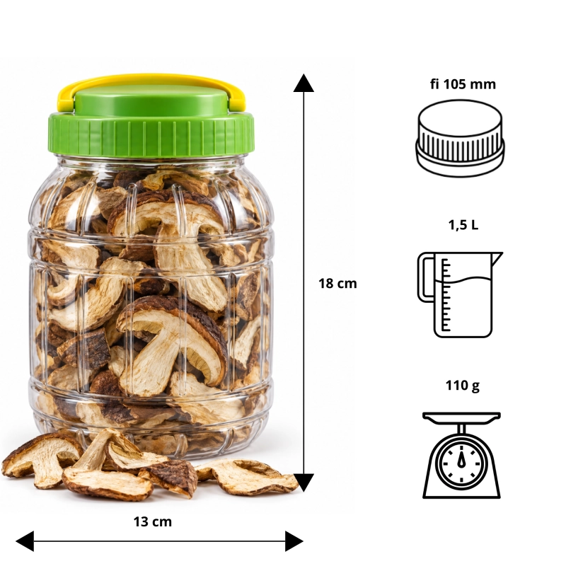 Słoik plastikowy PET 1500 ml z zieloną pokrywką i grafiką wymiarów: wysokość 18 cm, szerokość 13 cm