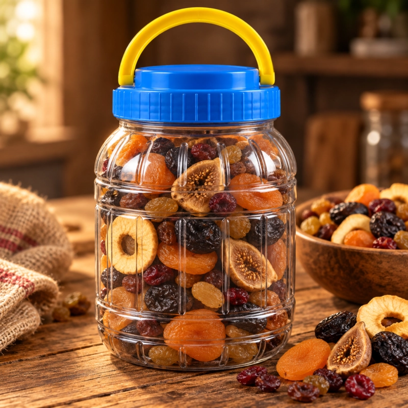 Plastikowy słój PET 1,5 l z niebieską zakrętką z uchwytem, pełen orzechów, obok rozsypane bakalie