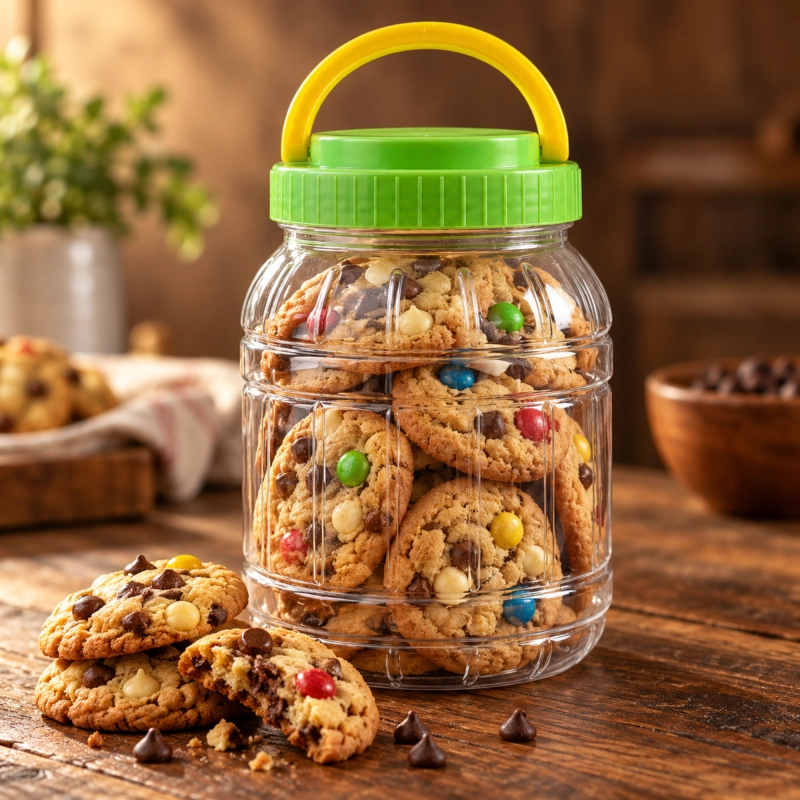 Plastikowy słoik PET 1500 ml z żółtą zakrętką z uchwytem, wypełniony orzechami i bakaliami, na jasnym tle