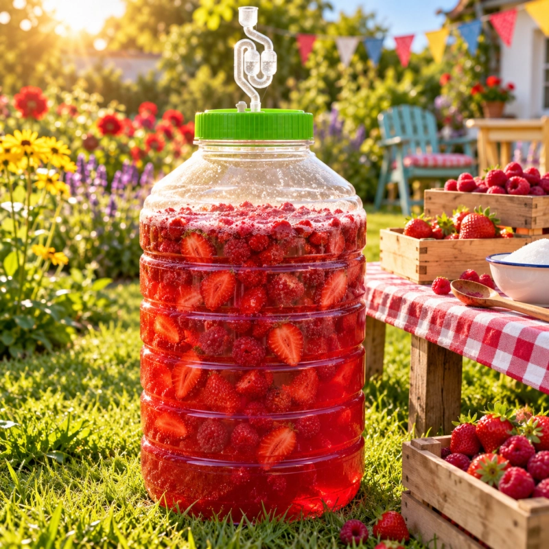 Słój PET 30 l z czerwonym winem domowym podczas fermentacji w ogrodzie, nietłukący pojemnik z rurką fermentacyjną