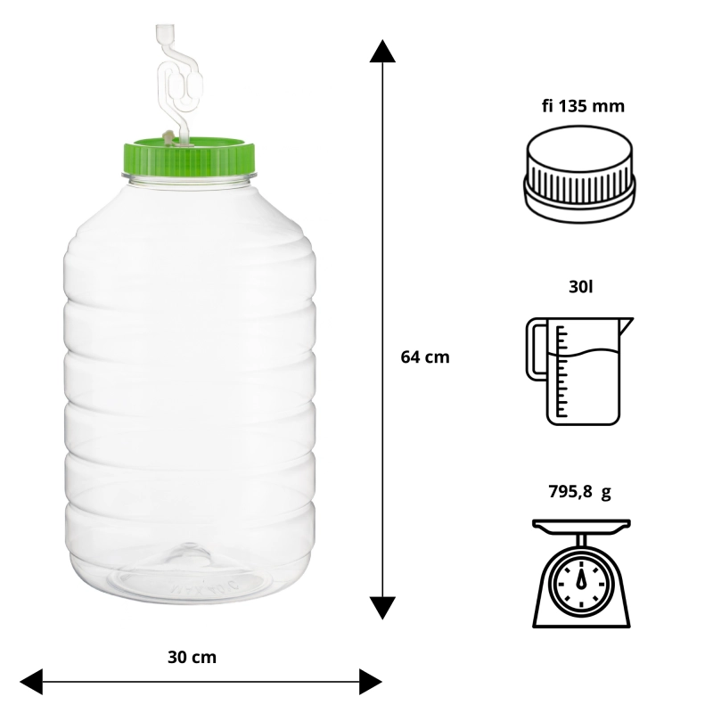 Tablica wymiarów słoja PET 30 l: wysokość z rurką 64 cm, średnica 30 cm, otwór 13,5 cm, pokrywa fi 140 z rurką i korkiem
