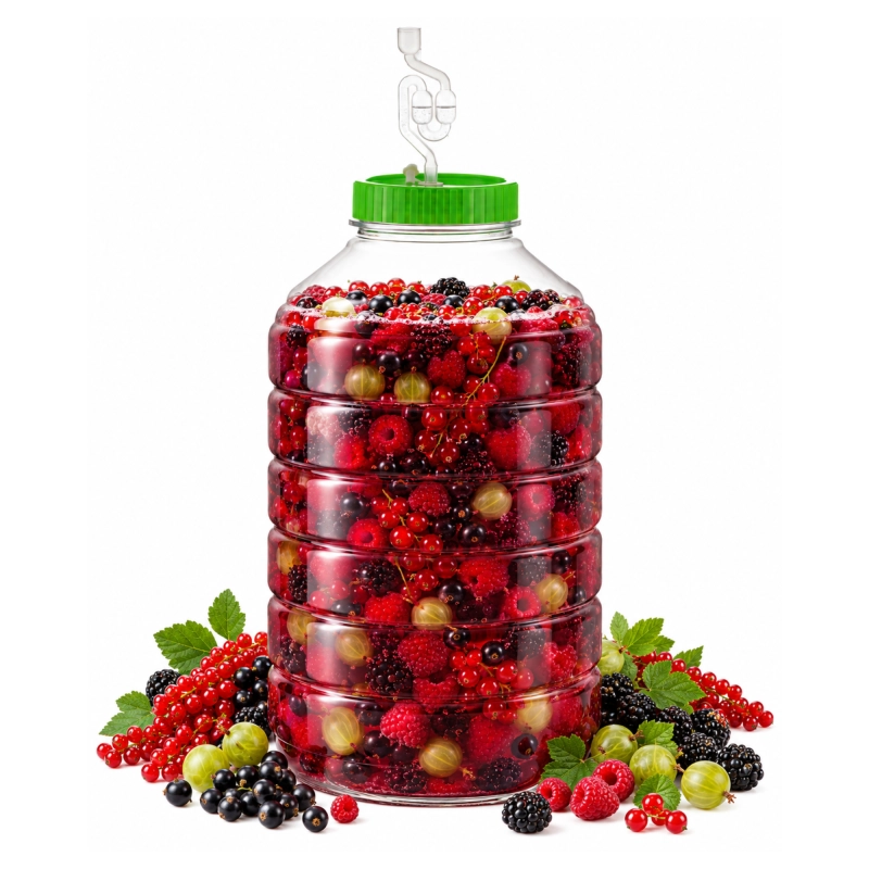 Zbliżenie słoja PET 30 l z ciemnoczerwonym winem owocowym i owocami w fermentacji, szeroki otwór 13,5 cm z pokrywą